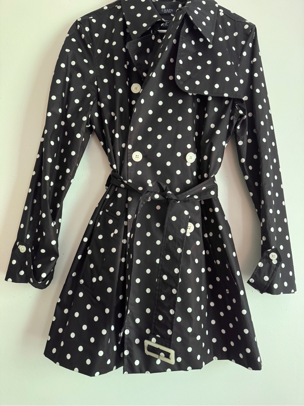 Chaps Women's Black & White Polka Dot Trench Coats Size L Vintage Classic